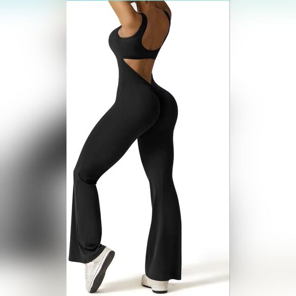 NWT Vertvie V-back Ruched Butt Bodycon Flare Jumpsuit Black Sleeveless Stretch - Picture 3 of 8